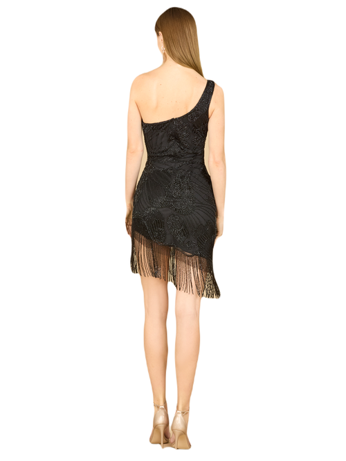 Shop Lara New York One Shoulder Cocktail Dress With Fringe In Black