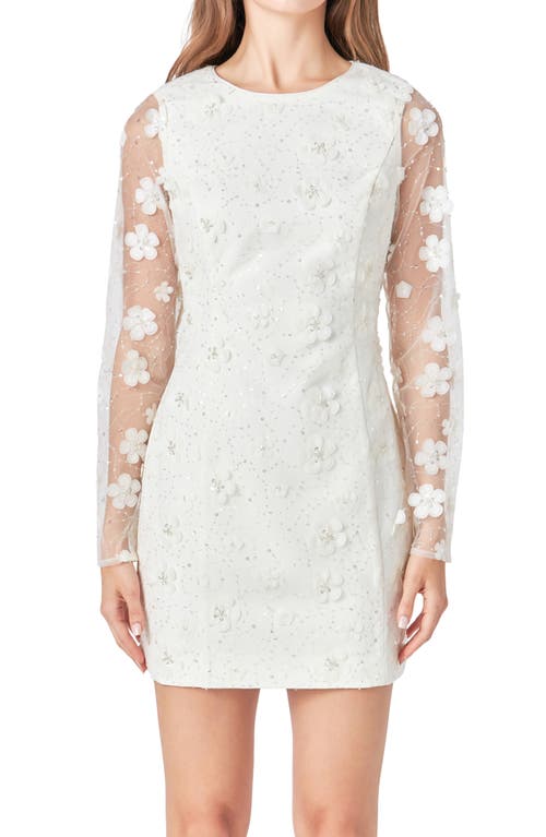 Endless Rose Floral Appliqué Beaded Long Sleeve Minidress In Cream