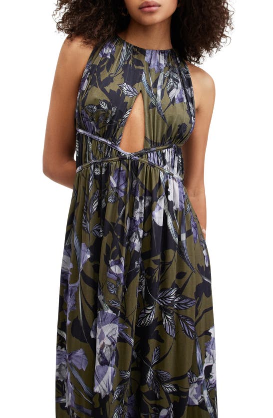 Shop Allsaints Kaya Batu Floral Print Sleeveless Dress In Deep Khaki Green