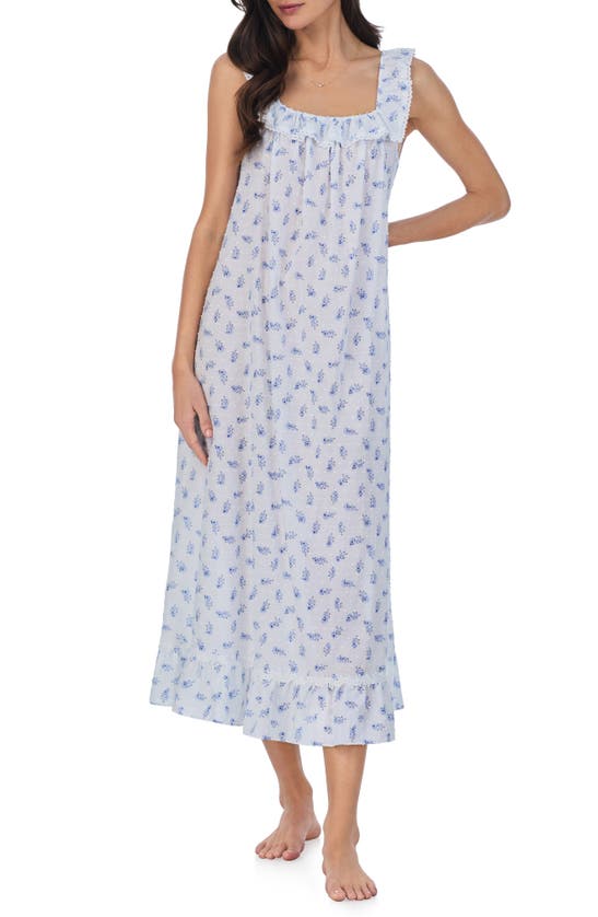 Eileen West Ruffle Sleeveless Swiss Dot Nightgown In White/blue Floral