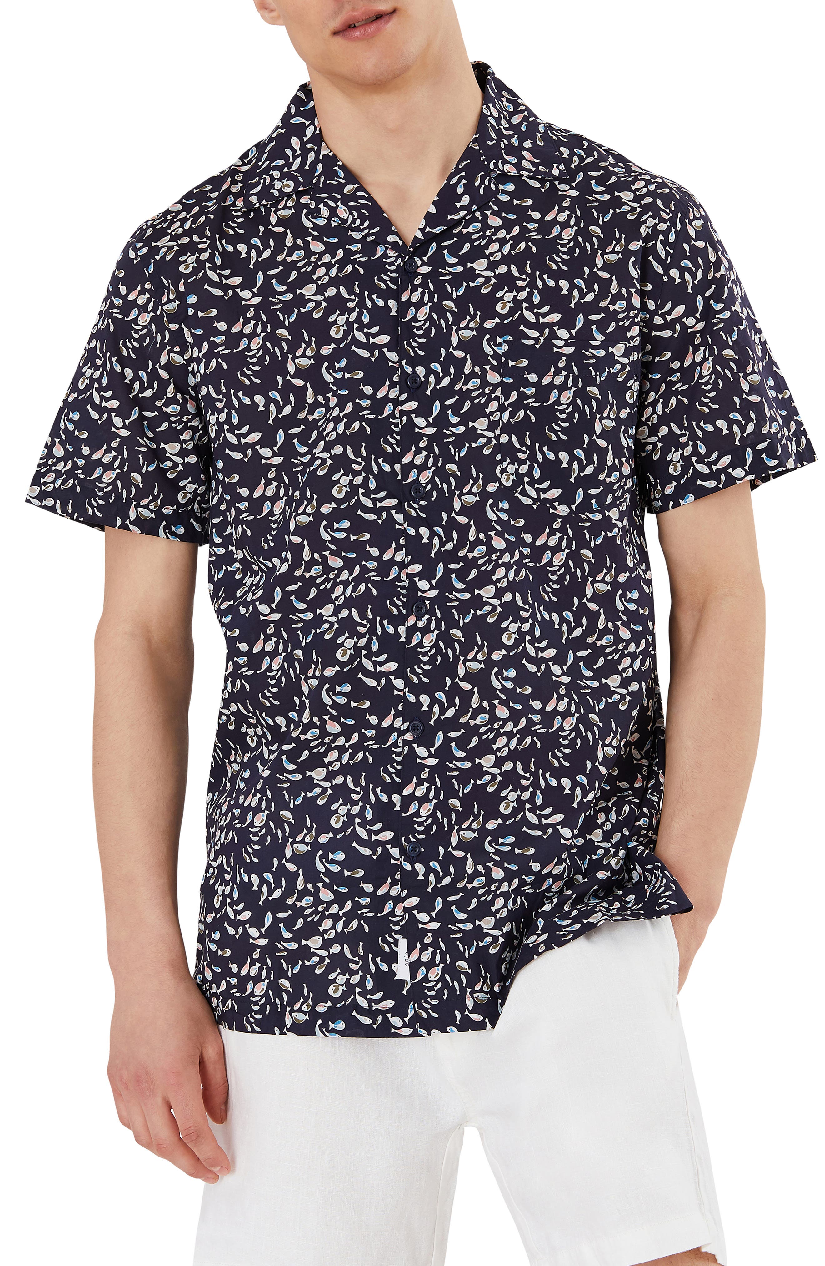 Onia Short Sleeve Button Up Fish Print 