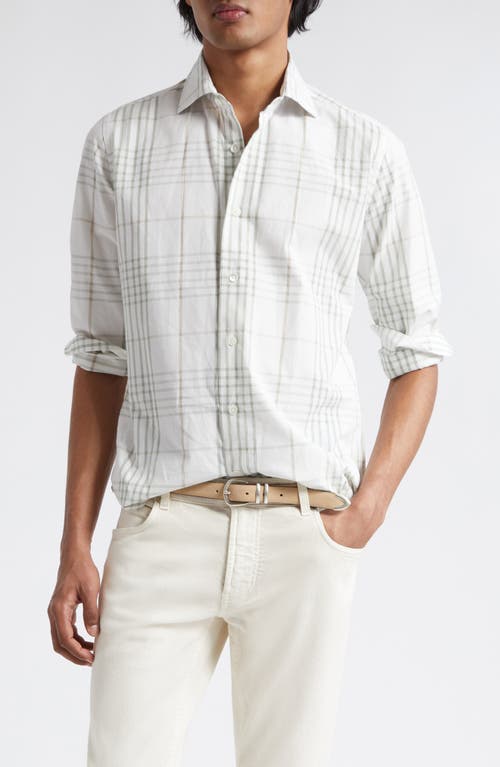 Eleventy Check Cotton & Linen Button-Up Shirt White And Green at Nordstrom,