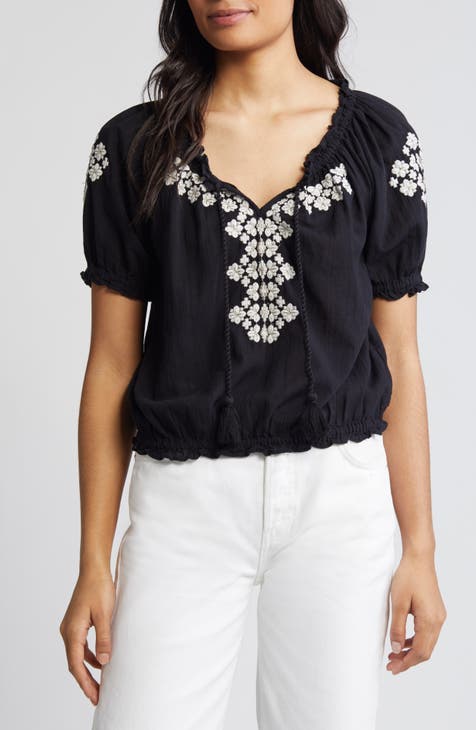 Lucky Brand Women's 3X Plus White Knit Embroidered Peasant Blouse