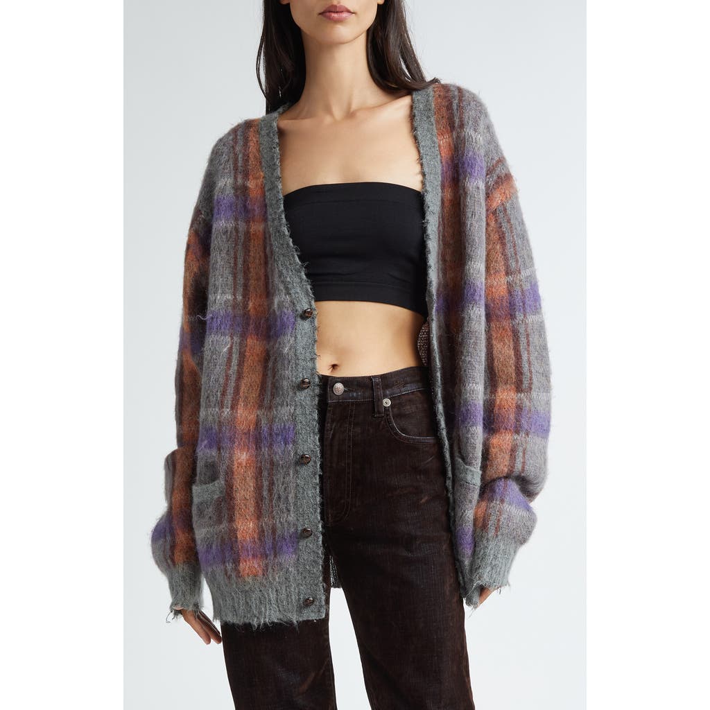 R13 Mohair Boyfriend Cardigan Multi Mohair Plaid In Brown//orange