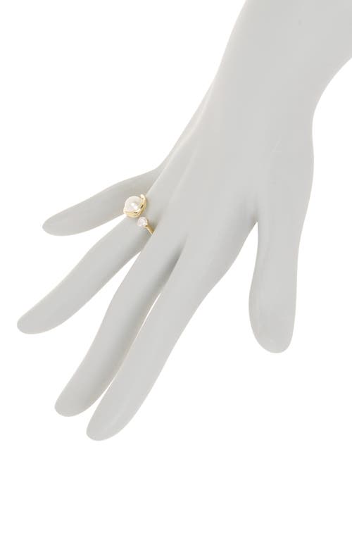 Shop Covet Open Loop Imitation Pearl & Cz Ring In Gold/white