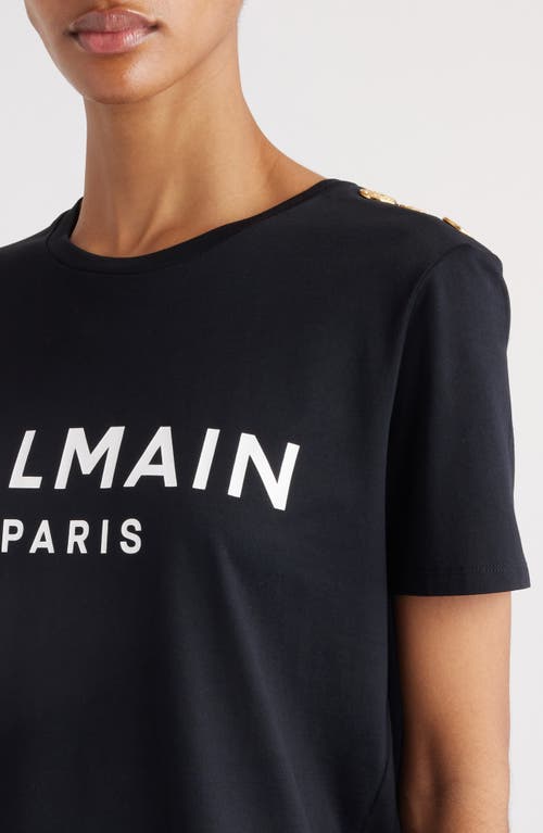 Shop Balmain Button Shoulder Cotton Logo Graphic T-shirt In Eab Black/white