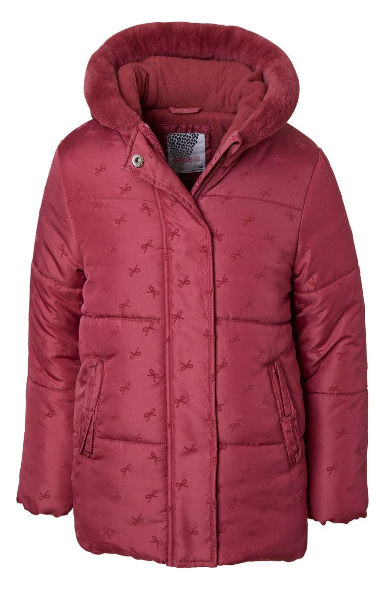 KENSIE GIRL Kids' Faux Fur Trimmed Flocking Bow Puffer Jacket, Main, color, ROSE WINE