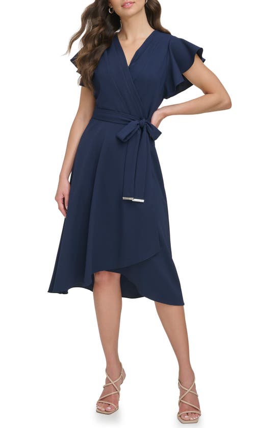 Dkny Flutter Sleeve Faux Wrap Midi Dress In Navy