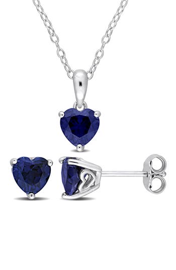 Delmar Lab-grown Sapphire Heart Stud Earrings & Pendant Necklace Set In Blue