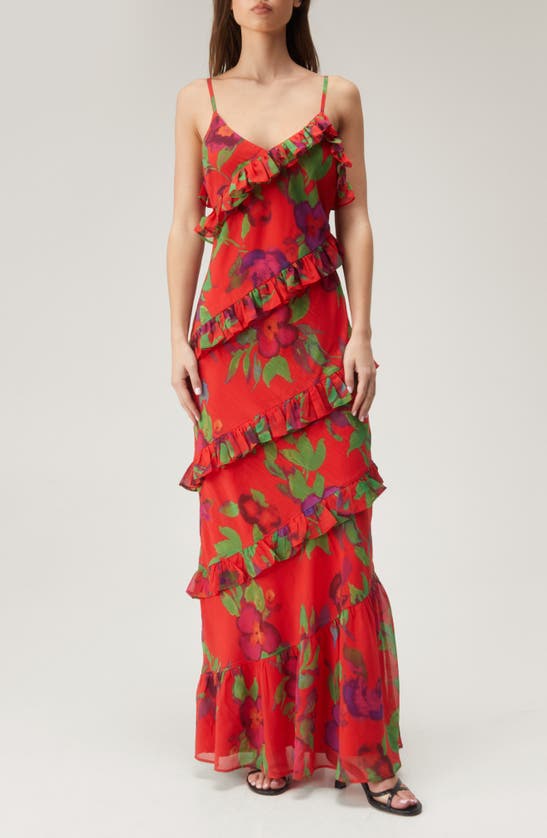 Nasty Gal Floral Tiered Ruffle Chiffon Maxi Dress In Red