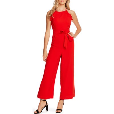 Cece Sleeveless Belted Ruffle Jumpsuit, Red