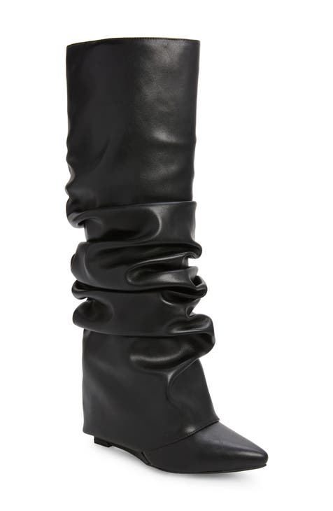 Black Knee High Lace Up Textured Sole Chunky Boots