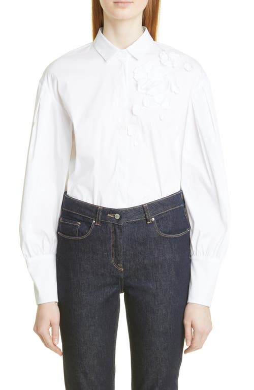Fabiana Filippi 3D Flower Appliqué Stretch Cotton Blend Button-Up Shirt in White