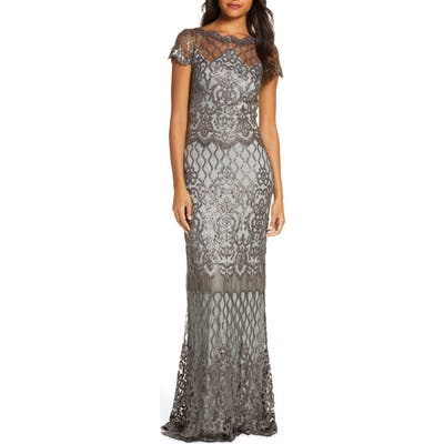 Tadashi Shoji Seqiun Lace Column Gown, Grey