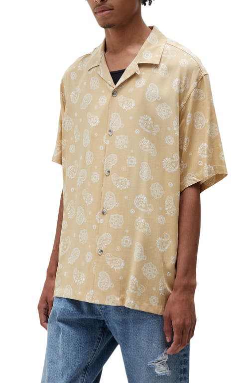 PacSun Floral Paisley Short Sleeve Button-Up Resort Shirt in Bright White/Taos Taupe