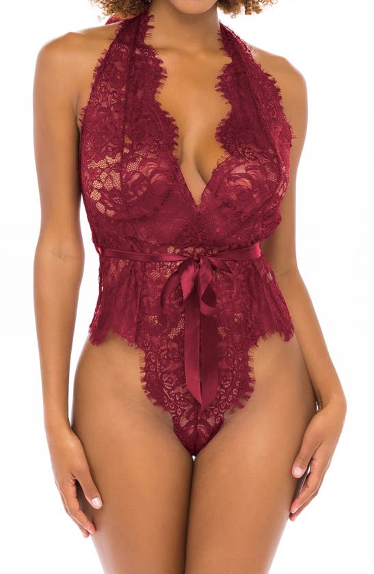 Oh La La Cheri Naomi Plunge Neck Lace Bodysuit In Rhubarb