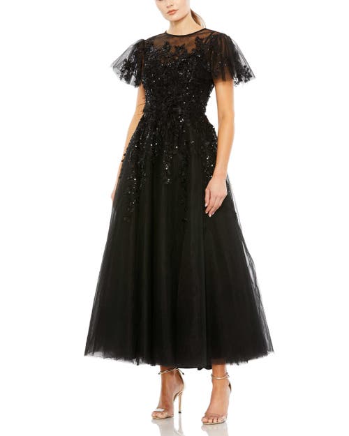 Mac Duggal Embellished Flutter Sleeve Bow Waist A Line Dress In Black