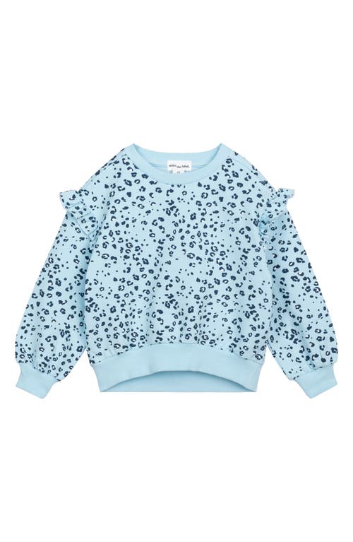 MILES THE LABEL Leopard Print Ruffle Organic Cotton Sweatshirt in Blue Light at Nordstrom, Size 6M