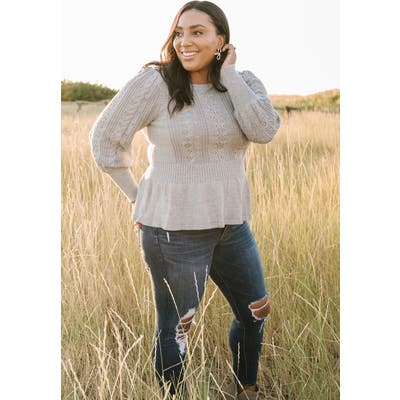 Rachel Parcell Cable Bobble Peplum Cotton Blend Sweater, Grey (Nordstrom Exclusive)