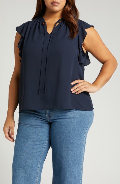 Tie Neck Ruffle Sleeve Top (Plus)