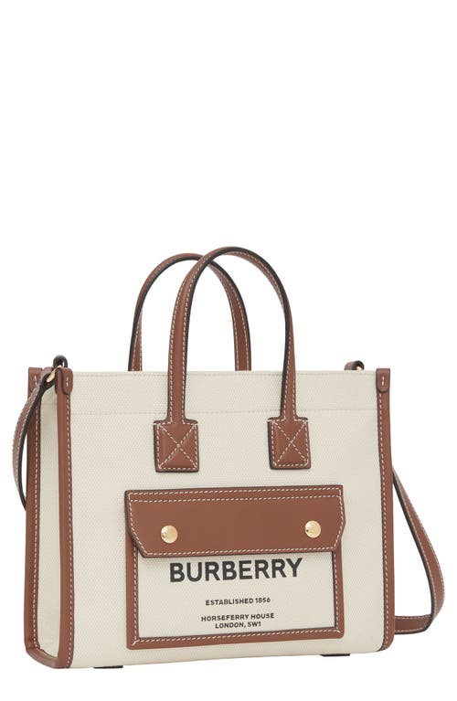 Burberry Mini Freya Tote Bag With Horseferry Print And Leather Accents In Natural/tan