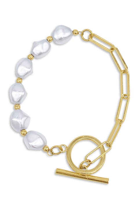 14K Yellow Gold Plated Chain Toggle 10mm Pearl Bracelet