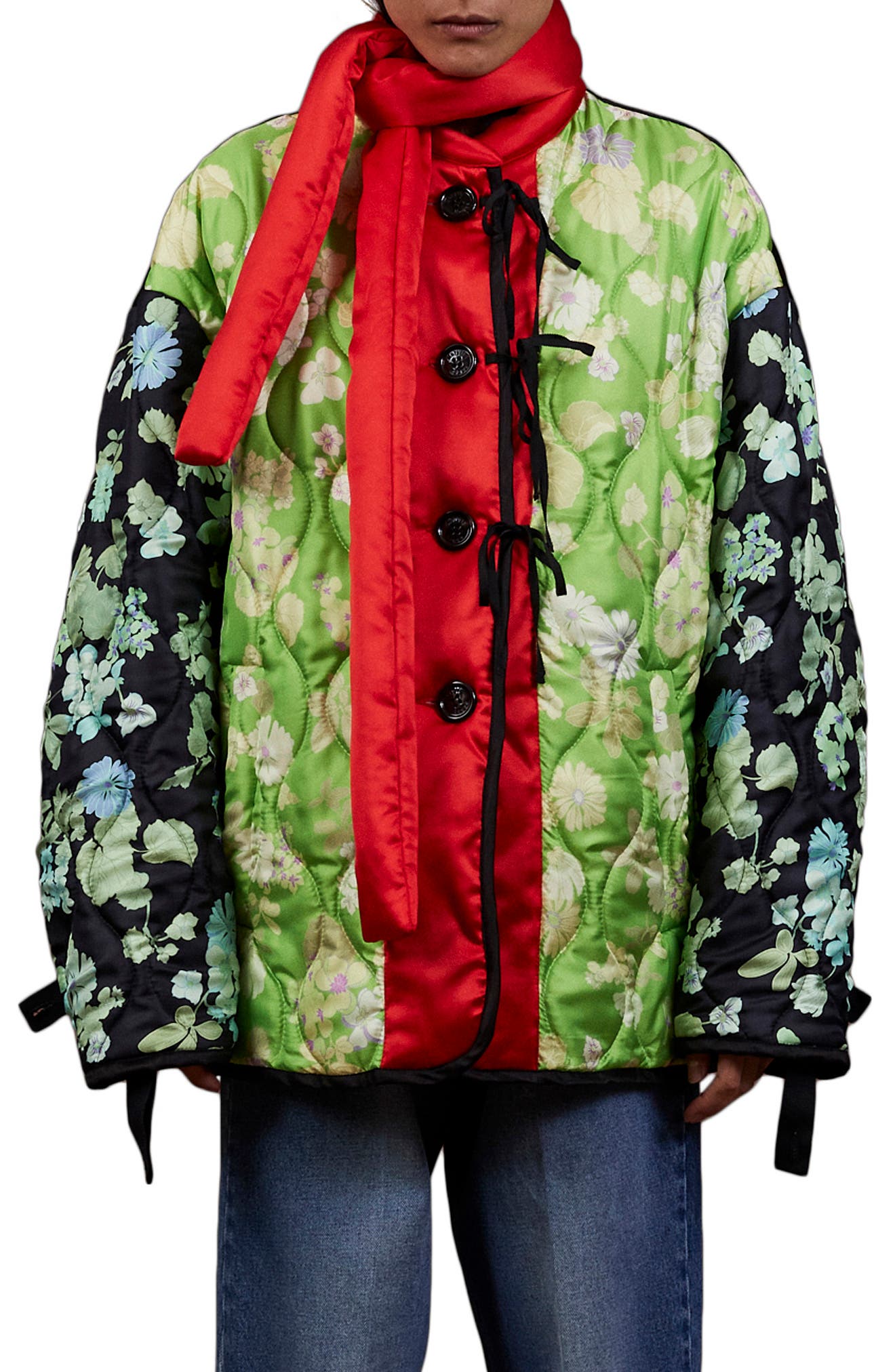 Meryll Rogge Colorblock Floral Quilted Silk Jacket in Apple Green