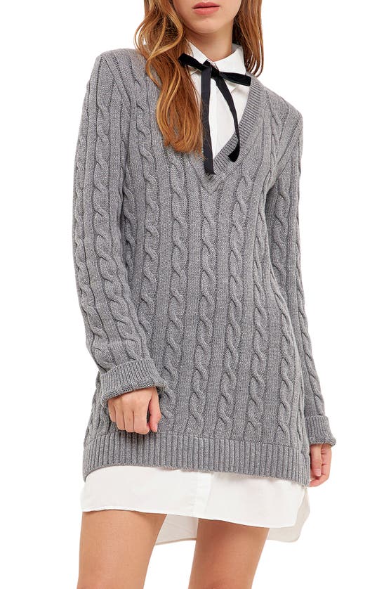 English Factory Mixed Media Cable Stitch Long Sleeve Sweater Dress In Grey