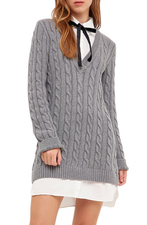English Factory Mixed Media Cable Stitch Long Sleeve Sweater Dress in Grey