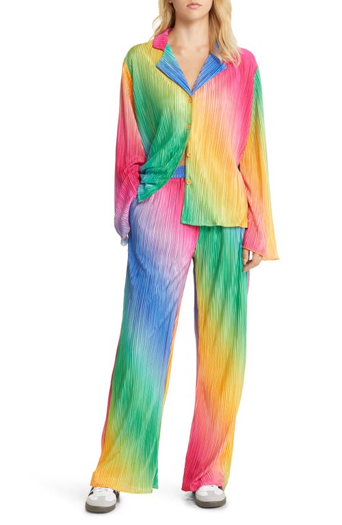 Dressed in Lala Notched Collar Plissé Top & High Waist Pants Set in Dark Rainbow at Nordstrom, Size Large