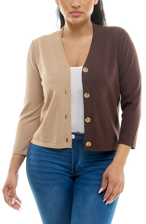 Shop Nina Leonard Colorblock V-neck Cardigan In Tan/coffee Bean