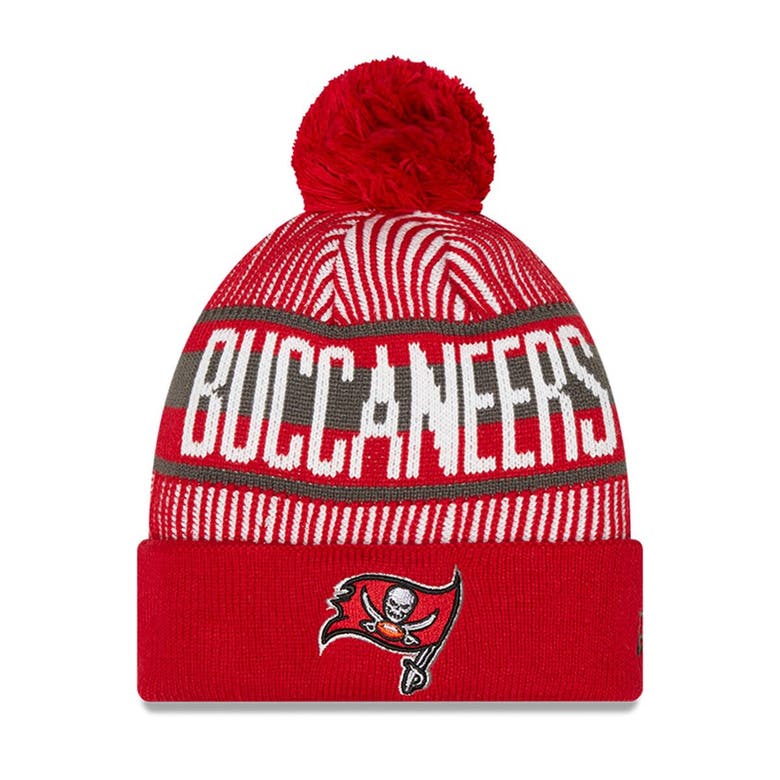 Shop New Era Youth  Red Tampa Bay Buccaneers Striped Cuffed Knit Hat With Pom