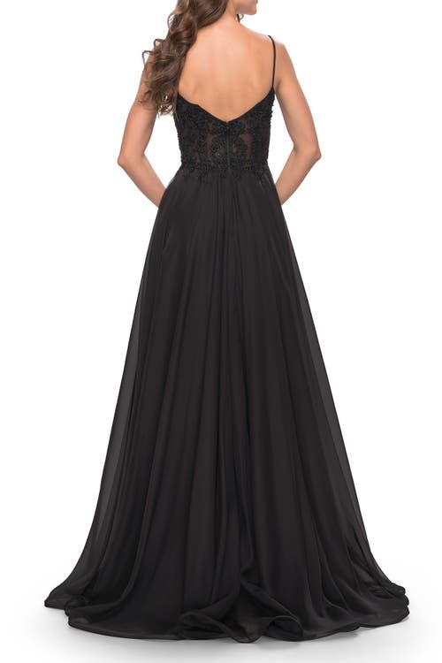 La Femme A-line Gown With Sheer Floral Embellished Bodice In Black