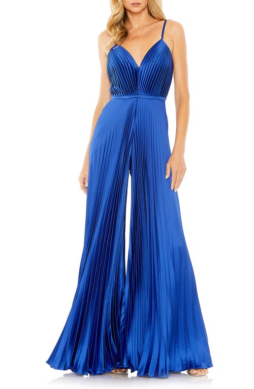Pleated Satin Wide Leg Jumpsuit in Royal