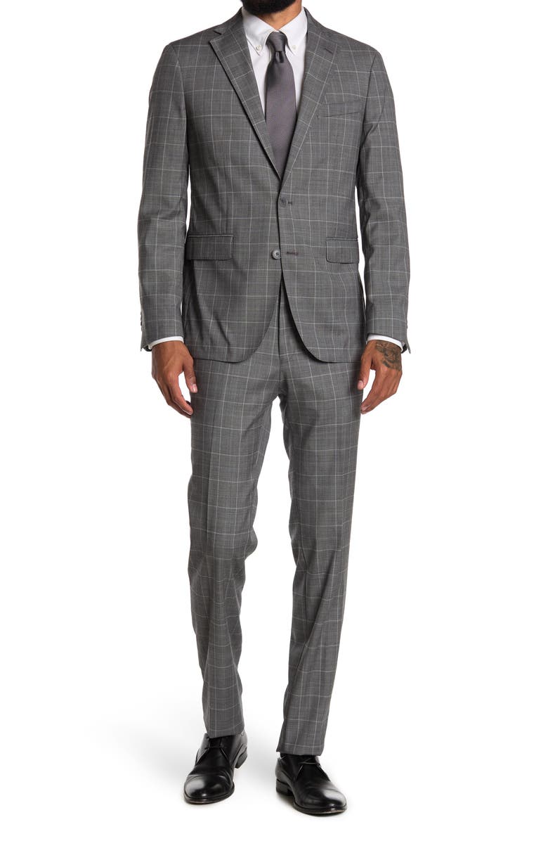 COLE HAAN Two Button Notched Lapel Trim Fit Suit, Main, color, GREY