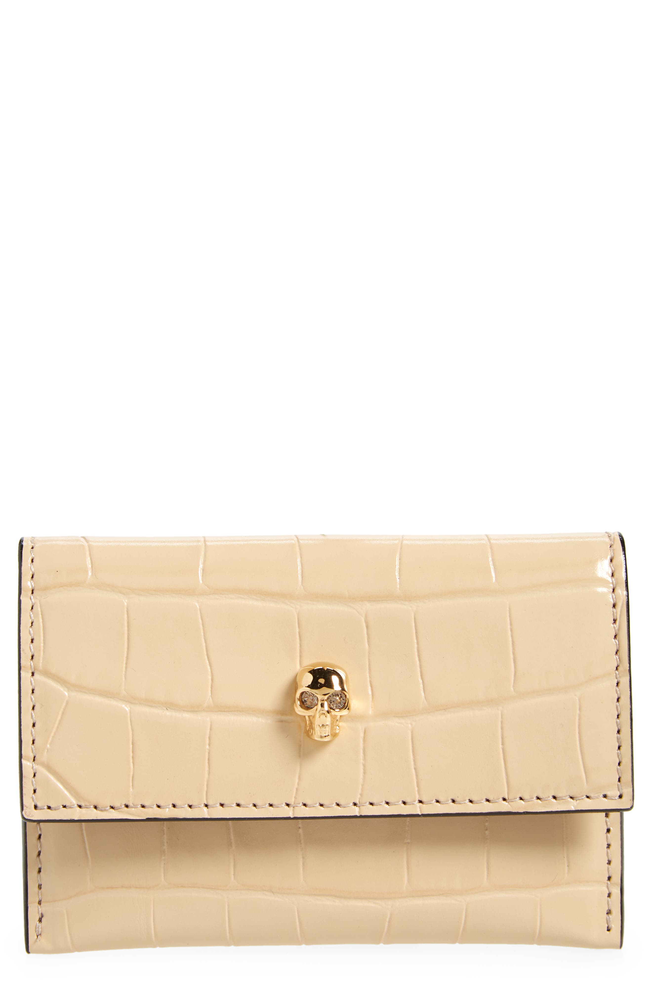 Alexander McQueen Croc Embossed Leather Card Case in Sand at Nordstrom