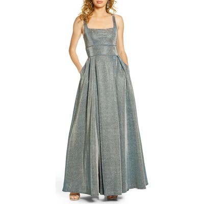 Sequin Hearts Sparkle Square Neck Sleeveless Gown, Blue