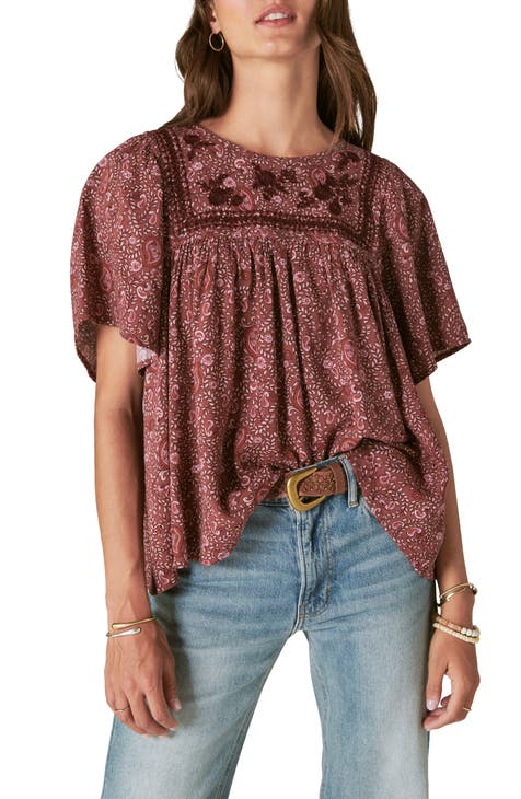 Lucky Brand Navy Blue & Burgundy Floral & Paisley Long Sleeve Top Plus Size  3X