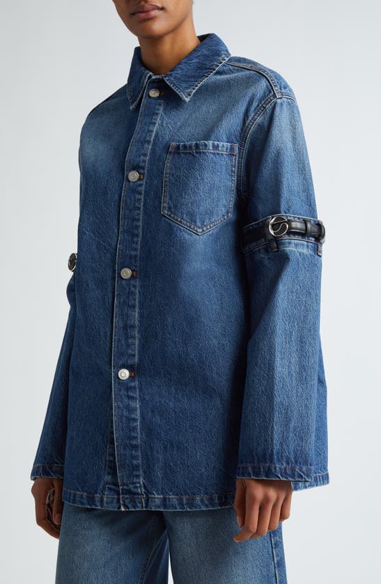 Shop Coperni Hybrid Belted Sleeve Denim Overshirt In Blue