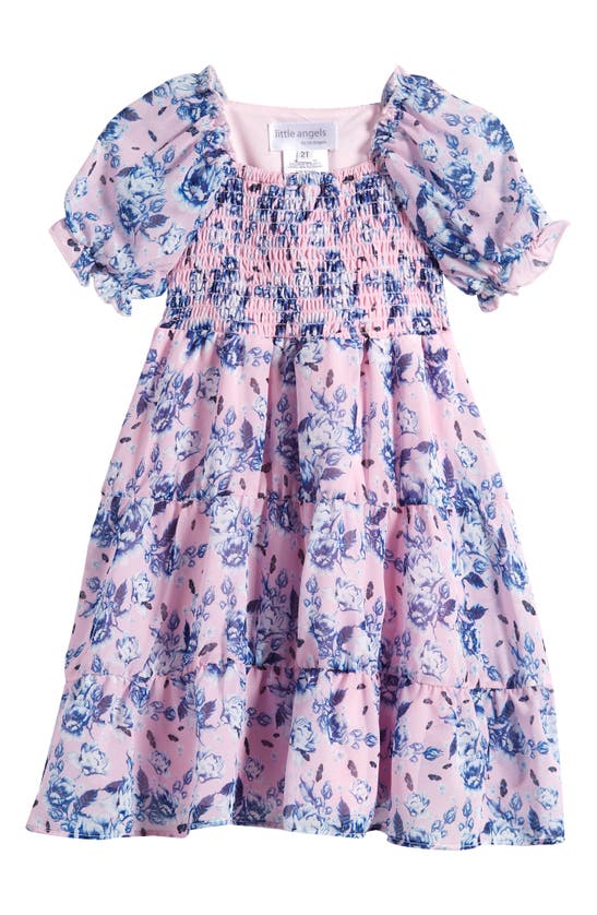 Little Angels Kids' Floral Smocked Chiffon Dress In Pink