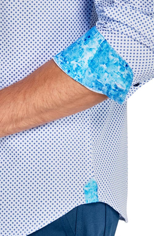 Brooklyn Brigade Micro Geo Recycled 4-way Stretch Performance Stand Collar Shirt In White/blue