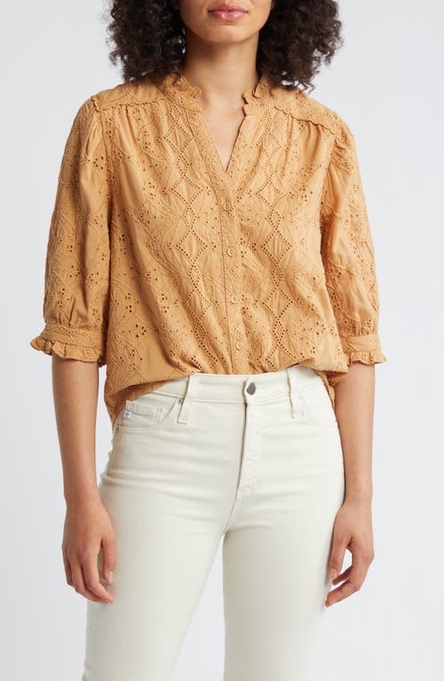 Wit & Wisdom Embroidered Eyelet Button-up Shirt In Biscotti