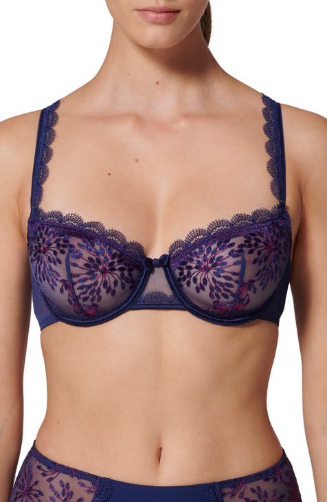  Womens Sheer Balconette Bra Demi Unlined Plunge Mesh See  Through Sexy Bras Underwire Brown Purple 36D