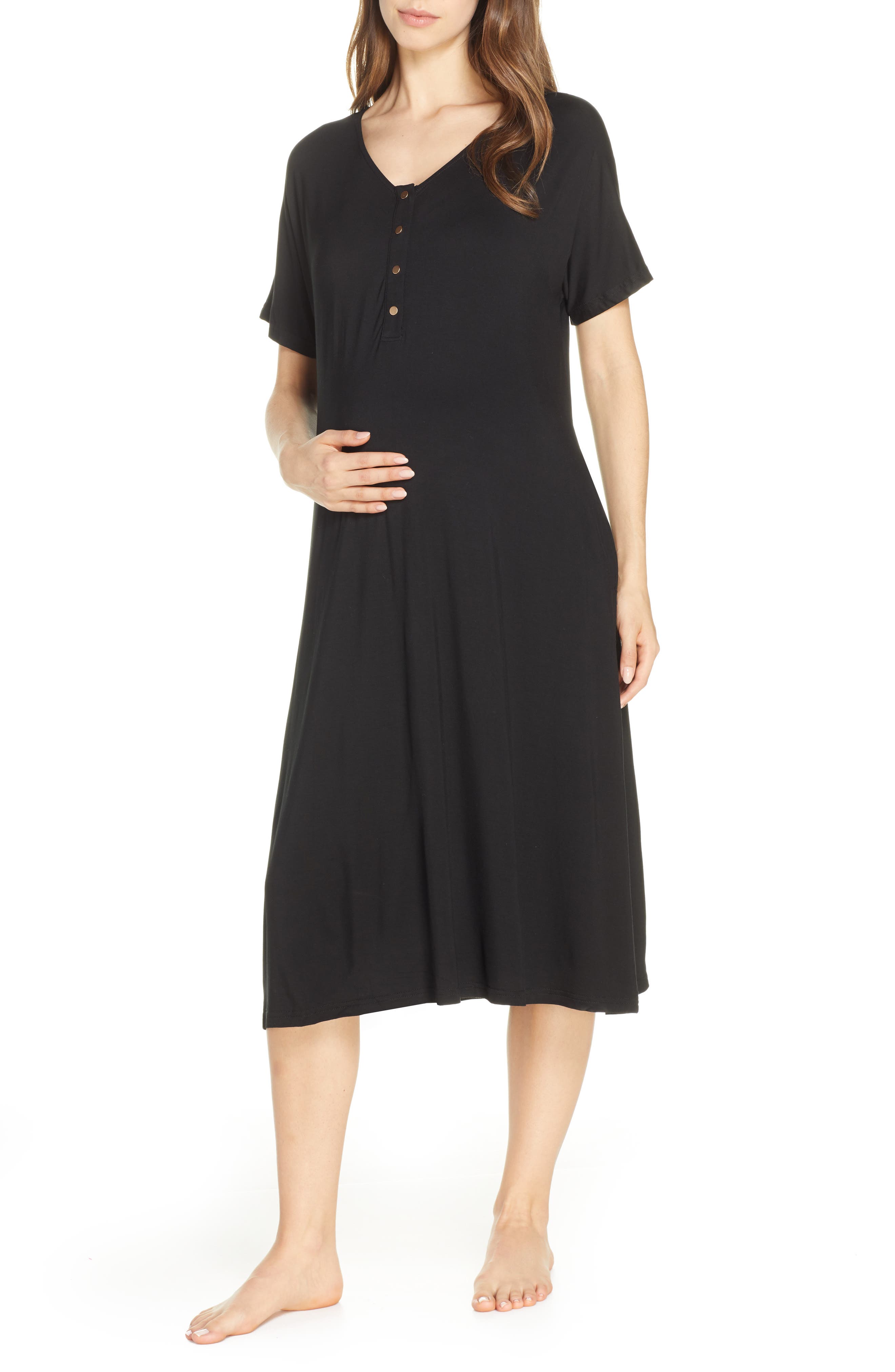 Nesting Olive Solid Maternity/nursing Sleep Shirt, Black