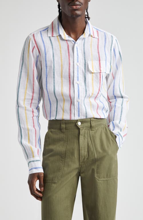Drake's Primary Stripe Linen Button-Up Shirt Multi/White at Nordstrom,