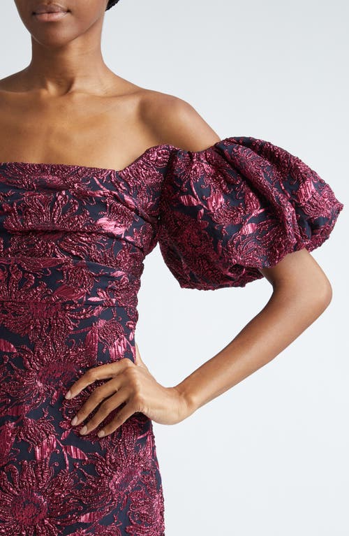 Shop Lela Rose Sunflower Off The Shoulder Puff Sleeve Brocade Gown In Navy/pink