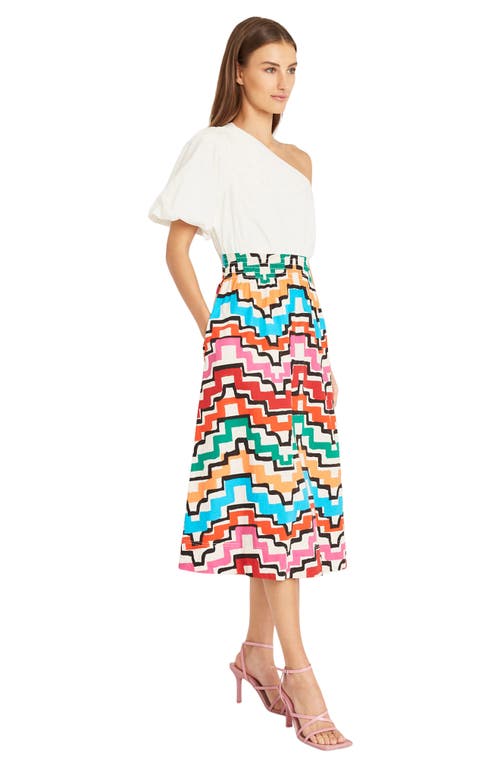 Shop Donna Morgan For Maggy One Shoulder Midi Dress In Soft Ivory/black/multi