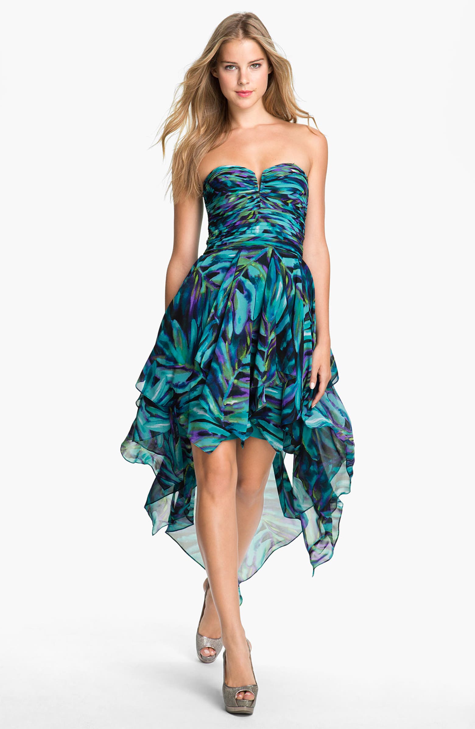 Hailey by Adrianna Papell Print Strapless High/Low Chiffon Dress ...
