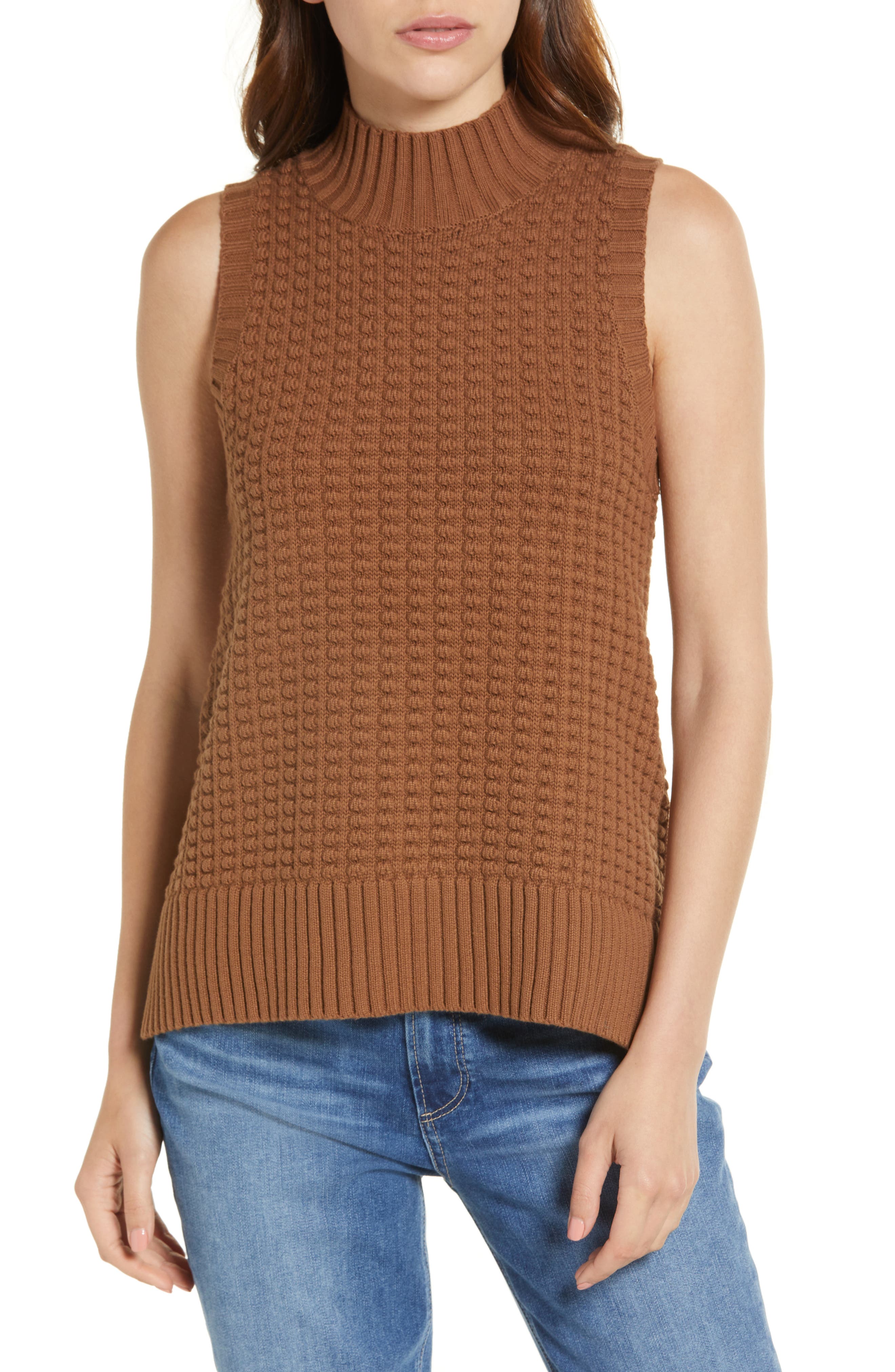 Women Petite M Light Brown Silk Cashmere Sweater Mock Neck Long Sleeve Pullover 
