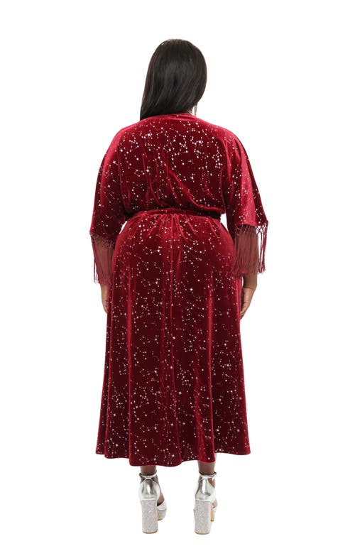 Shop Unique Vintage Plus Size Velvet Tie Wrap Surplice Midi Dress In Burgundy & Silver Star